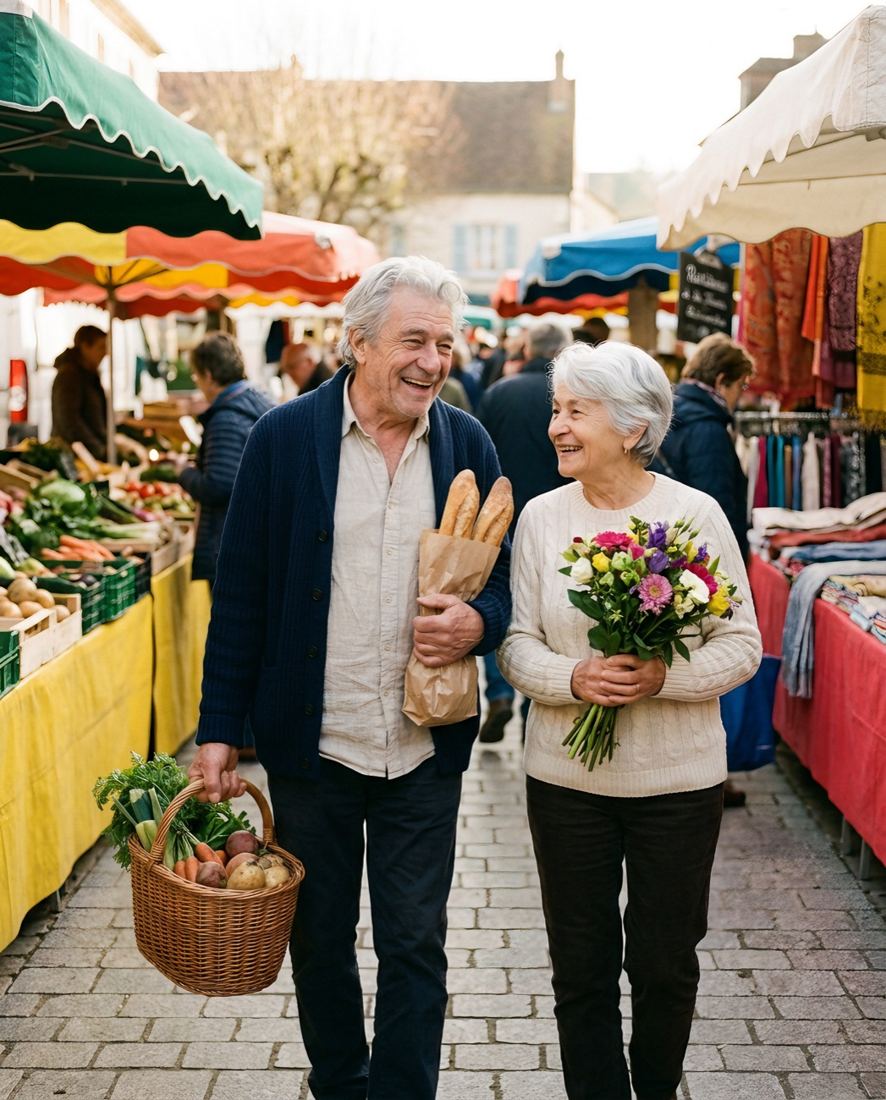 Un couple au marché, bras dessus bras dessous