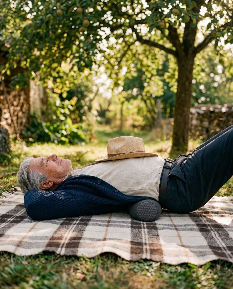 Allongé sur un plaid au jardin, Fixleep Pro sous le bas du dos