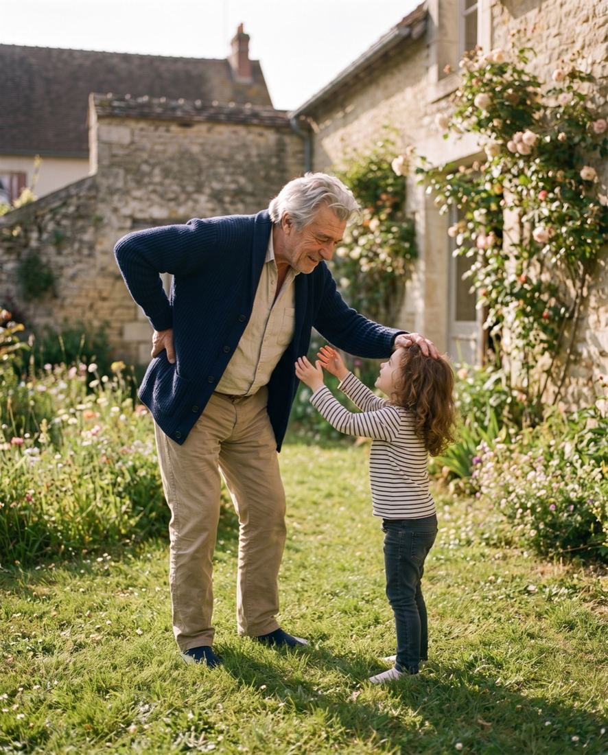 Avant : un grand-père, la main dans le dos, ne peut pas soulever sa petite-fille
